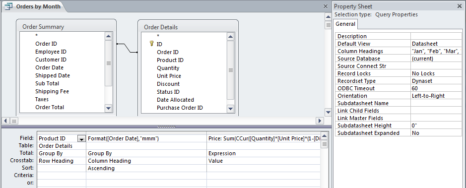 Design View of Access 2010 Cross Tab Report